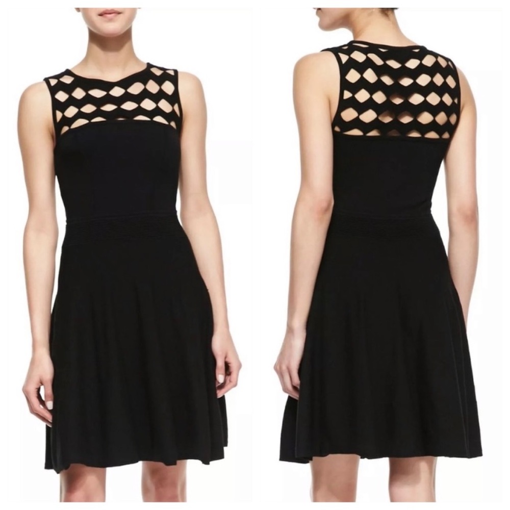 MILLY Sz M black knit geometric neckline a-line dress